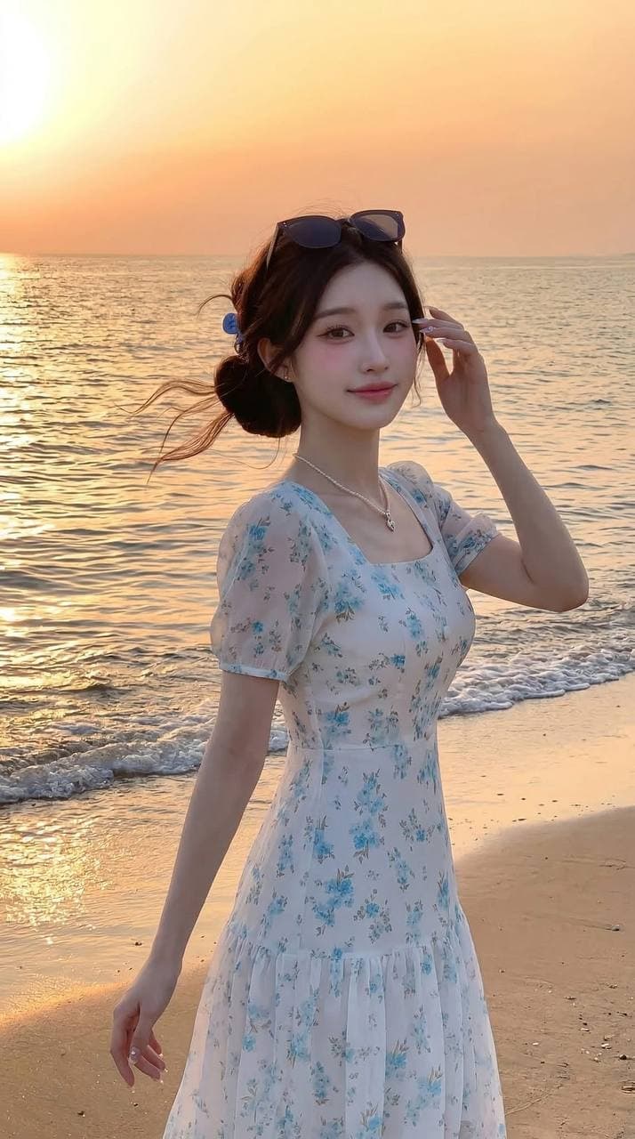 Beach Sunset Portrait — 5 AI Prompts Korean Style Floral Dress Golden Hour