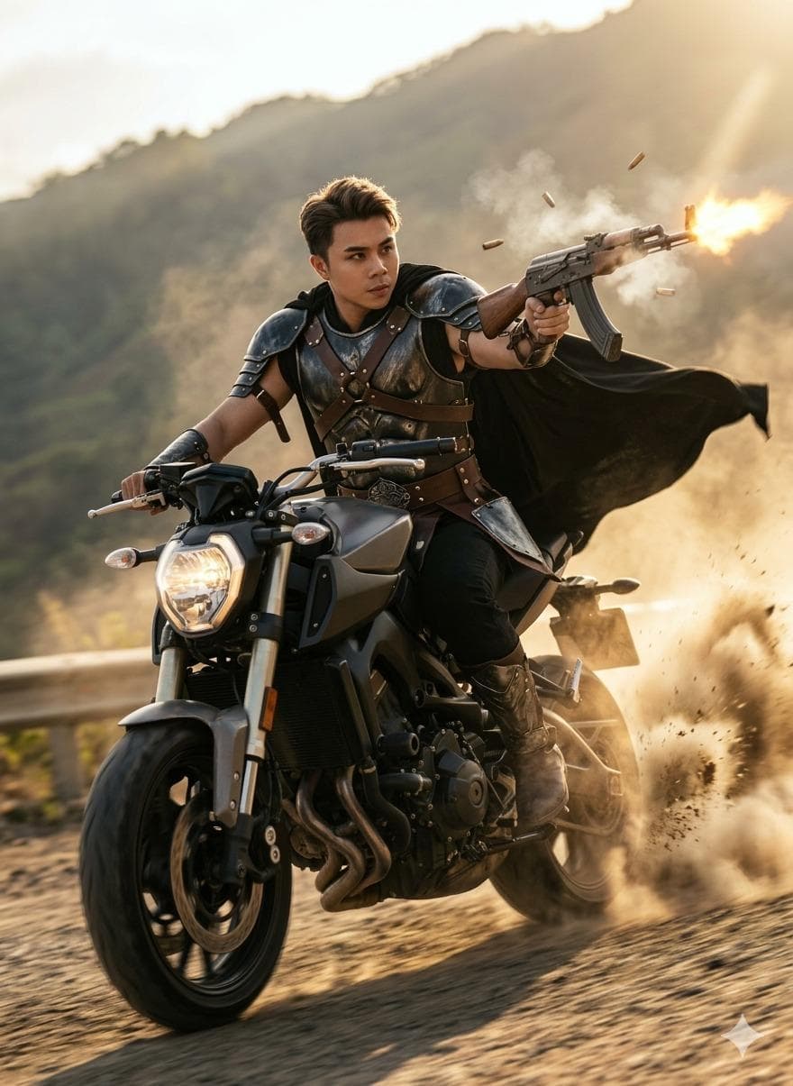 AI Cinematic Portrait Prompt: High-Speed Motorcycle AK-47 Action with Face Reference