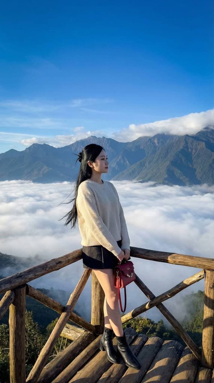 AI Travel Portrait Prompt: Girl Standing & Sitting with Phuc Long Tea Above Cloud Sea – Mountain HDR