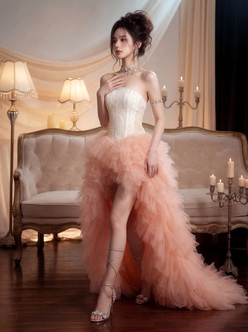 Muse in Bloom — 5 AI Prompts for Luxury Glamour Photography: Peach Tulle Gown & Candlelight