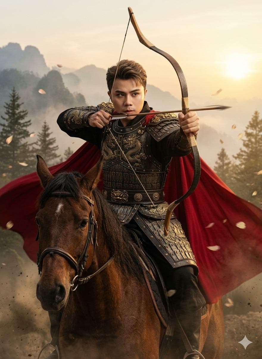 AI Cinematic Portrait Prompt: Wuxia Wedding Bow Rider with Face Reference