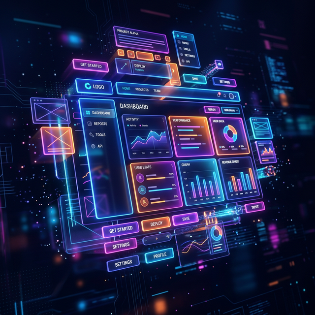A split interface showing a UI description prompt on the left and a preview of the AI-generated web interface on the right.