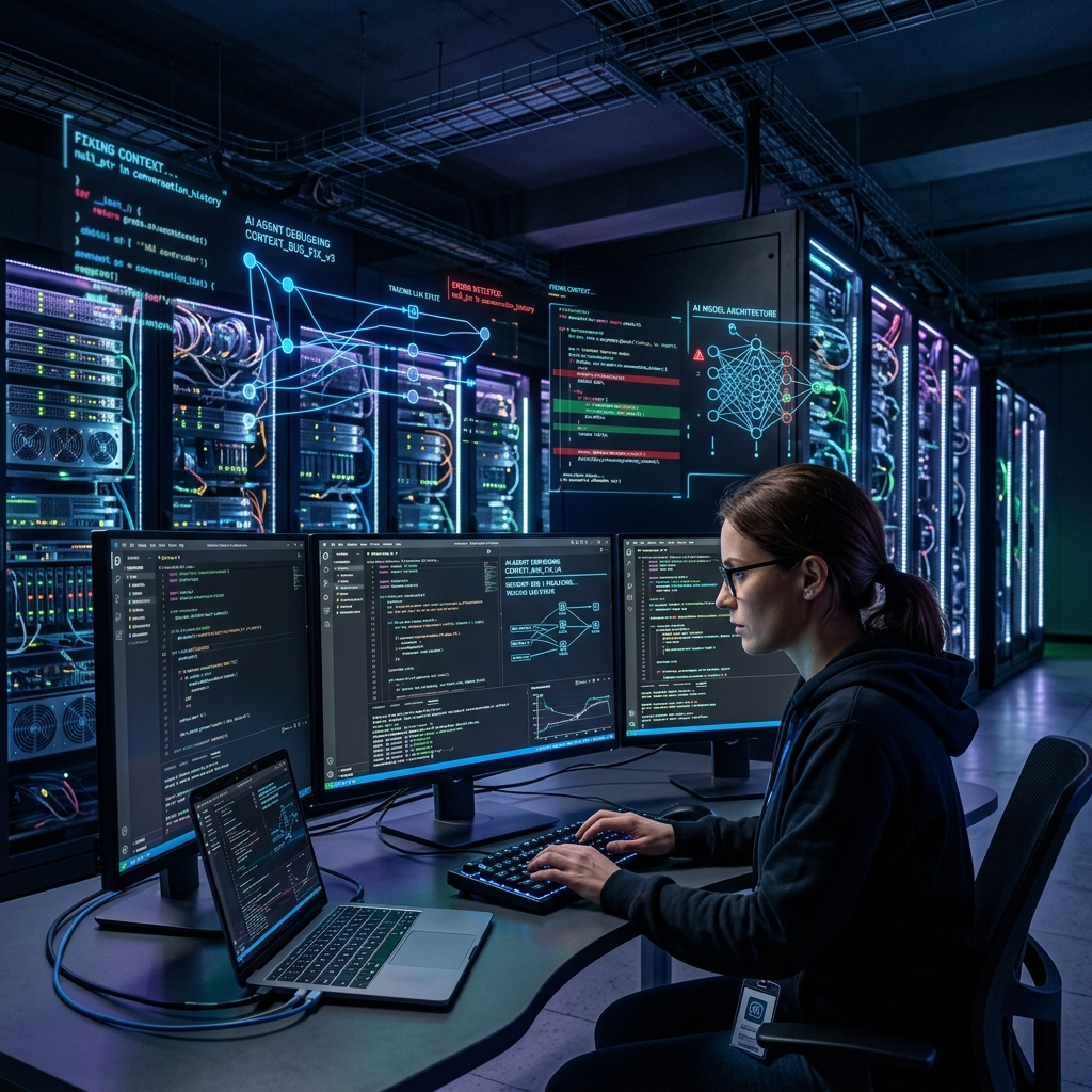 Lập trình viên đang căng thẳng Debug hệ thống lỗi trong trung tâm dữ liệu tăm tối với những khối lệnh UI hiển thị các Bug bộ nhớ Context của Agent.