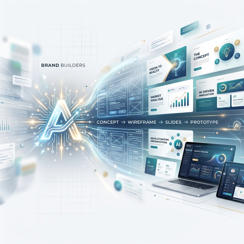 AI logo phát sáng kết nối trực tiếp với các bản giao diện UI, wireframes, và màn hình pitch deck slide trượt siêu mượt.