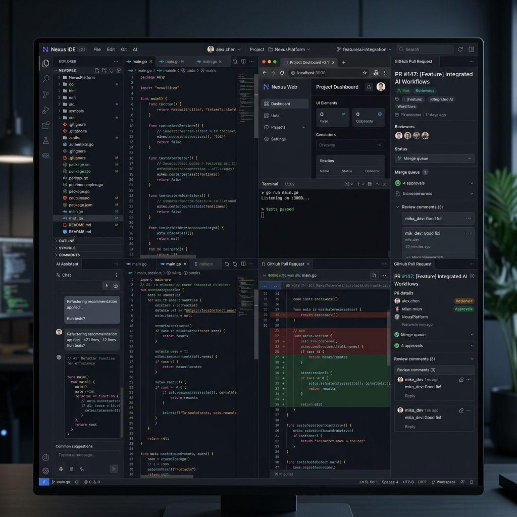 Bàn làm việc IDE tối màu thời thượng tích hợp liền mạch luồng duyệt web, panel review Pull request và Terminal, minh hoạ hệ sinh thái AI Workspace.