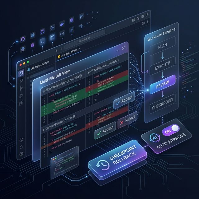 Gemini Code Assist workflow stack: Plan → Execute → Review → Checkpoint with Agent Mode, Inline Diff, and Auto Approve