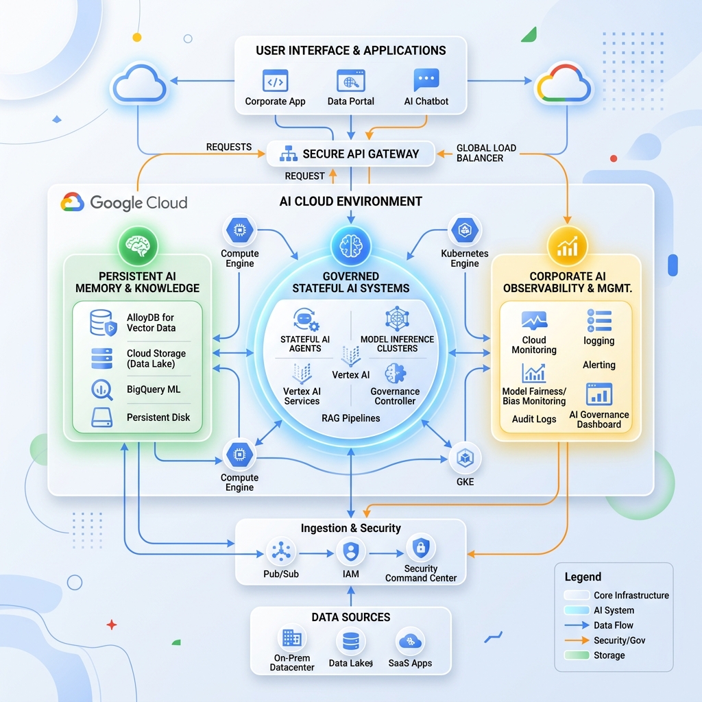 Bản vẽ sơ đồ kiến trúc đám mây Cloud hiện đại hòa trộn cùng các mắt xích của AI Agent, miêu tả một hệ thống AI tuân thủ nguyên tắc quản trị dành cho Enterprise.