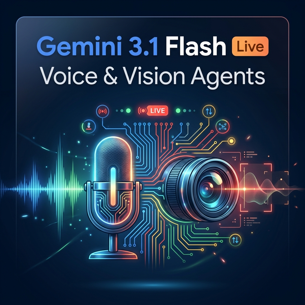 Gemini 3.1 Flash Live — microphone and camera lens merging with AI circuit patterns for voice and vision agents