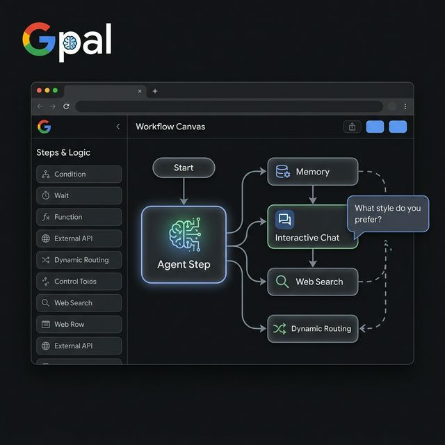 Google Opal agent step — dynamic agentic workflow canvas with Memory, Interactive Chat, Dynamic Routing