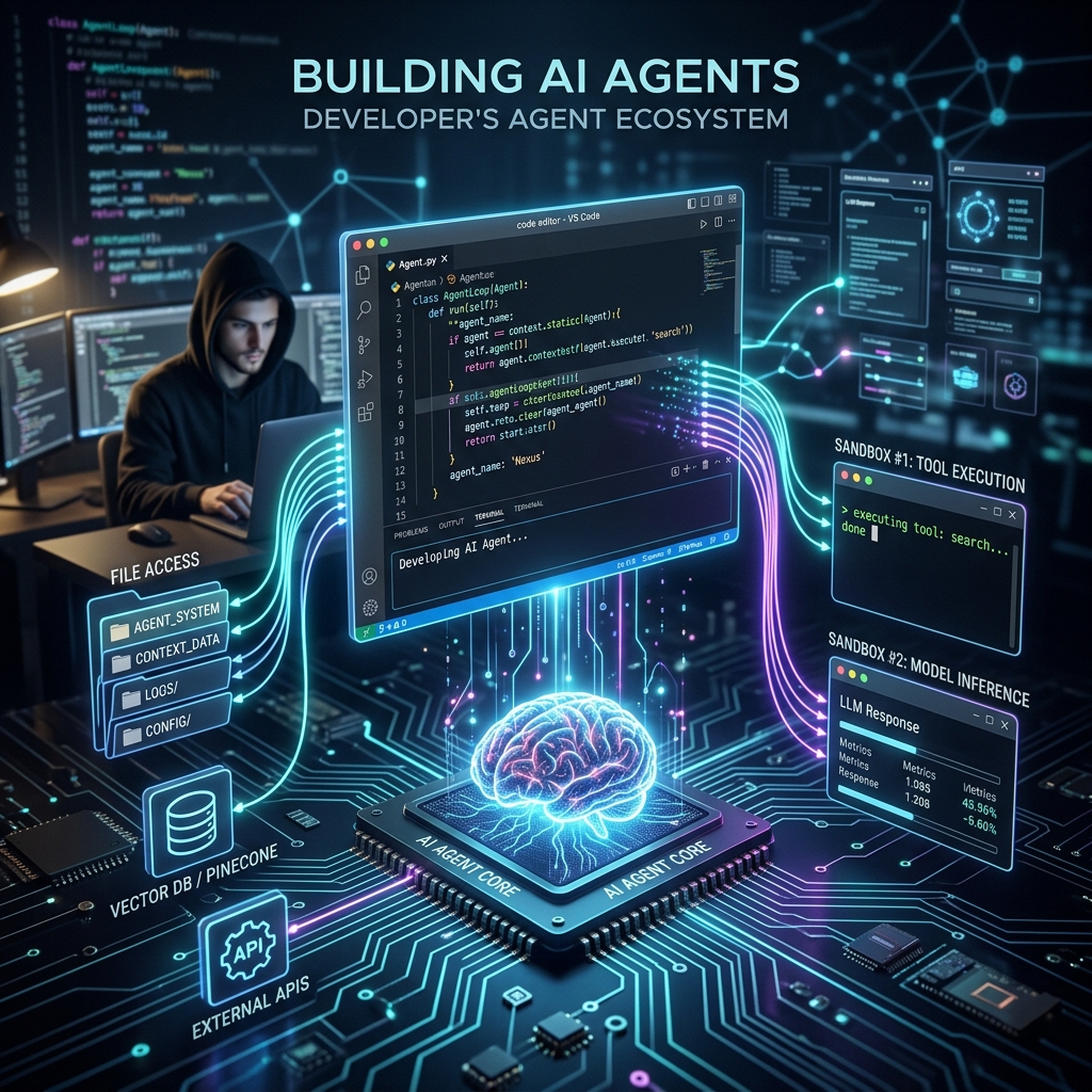 Kiến trúc developer làm việc với Agent Ecosystem, code editor nổi trên không trung kết nối bằng vi mạch neon sang các sandbox thực thi.