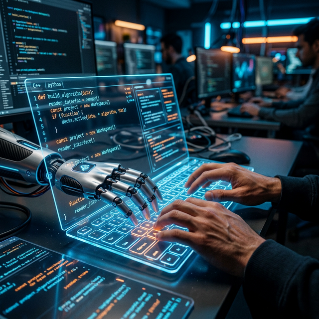 Developer at dual screens — one with code, another with an AI assistant analyzing it.