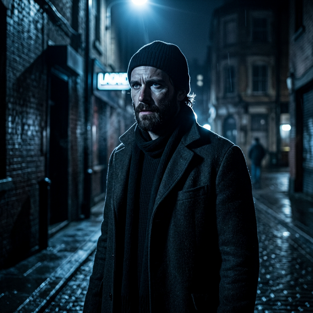 Dramatic Cold Night — high moonlight blue key light and icy white rim, face descending into deep shadows