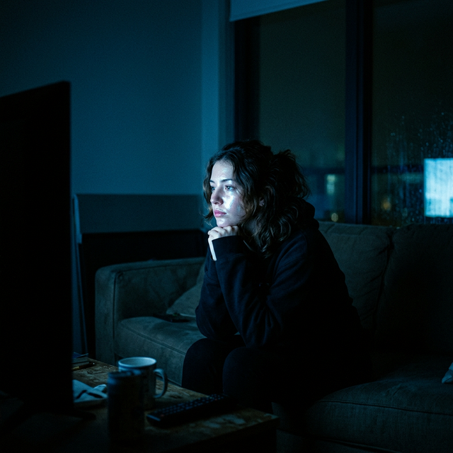 TV Glow Electronic Ambience — cool flickering screen light reflected on face in darkness, modern isolation