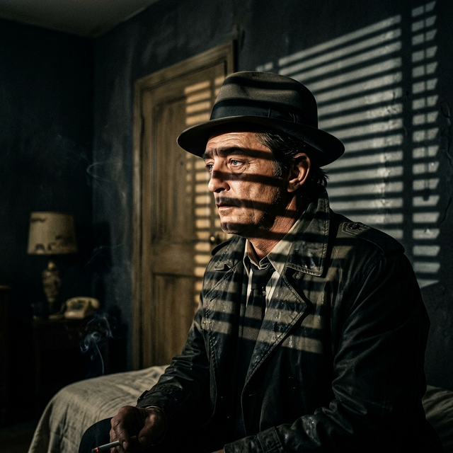 Gobo Projection — venetian blind shadow stripes across face, DNA of film noir aesthetic