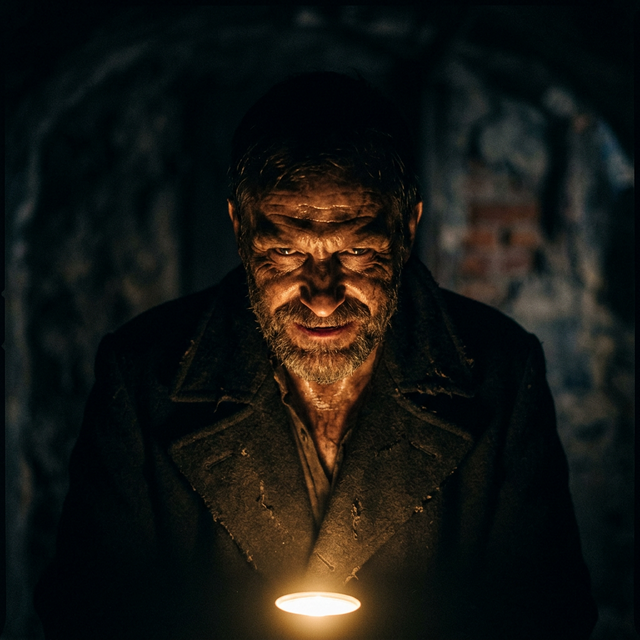 Villain Glow Underlighting — light from below casting shadows upward creating sinister unnatural distortion