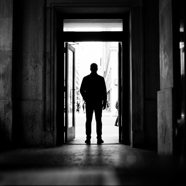 Silhouette Lighting — subject as pure black geometric shape against bright background, form becomes language