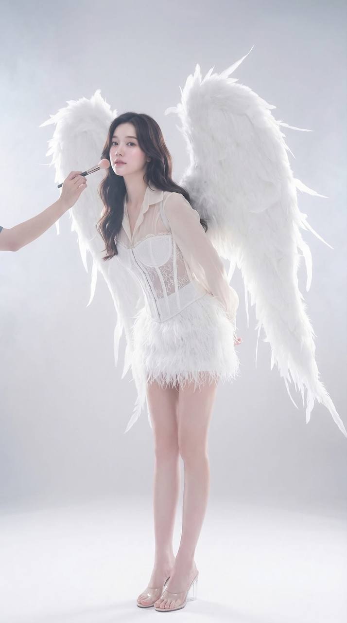 Angel — makeup artist brush shot, white wings spread, dreamy studio