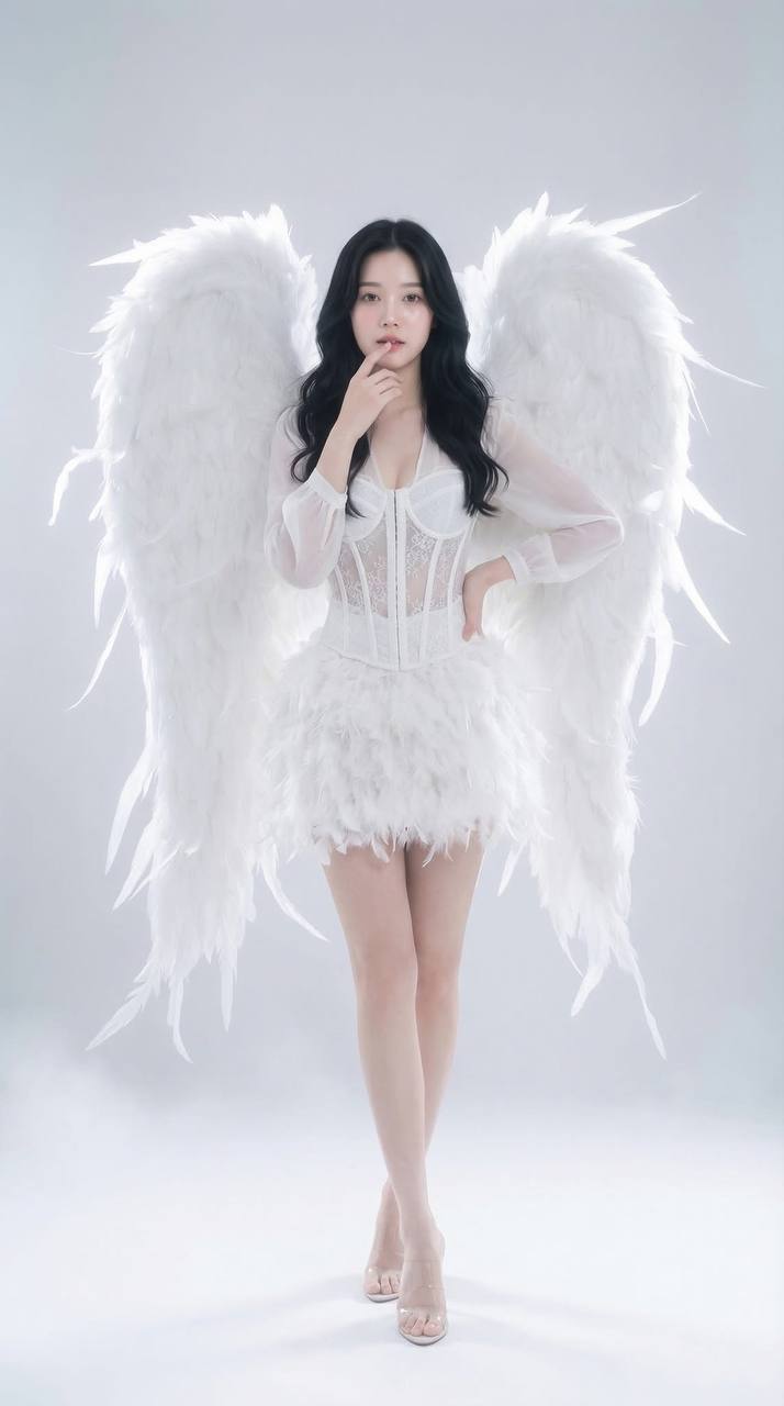 Angel — hand to chin pose, full body, white feather skirt