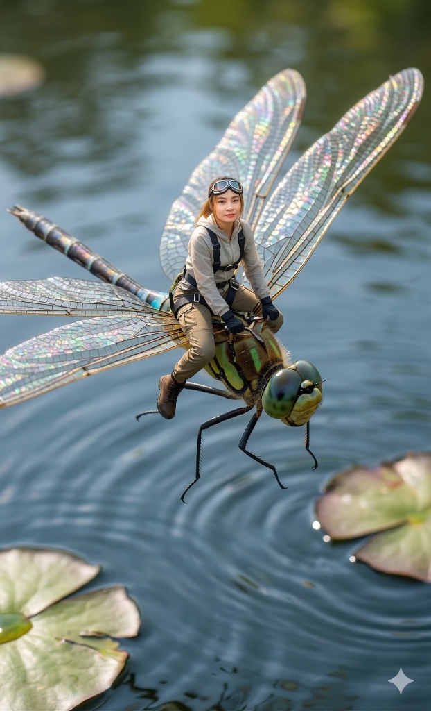 Miniature sky rider on giant dragonfly