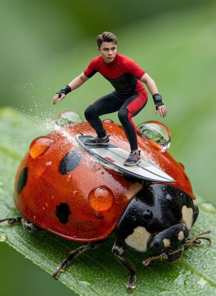 Miniature human surfing on a ladybug shell