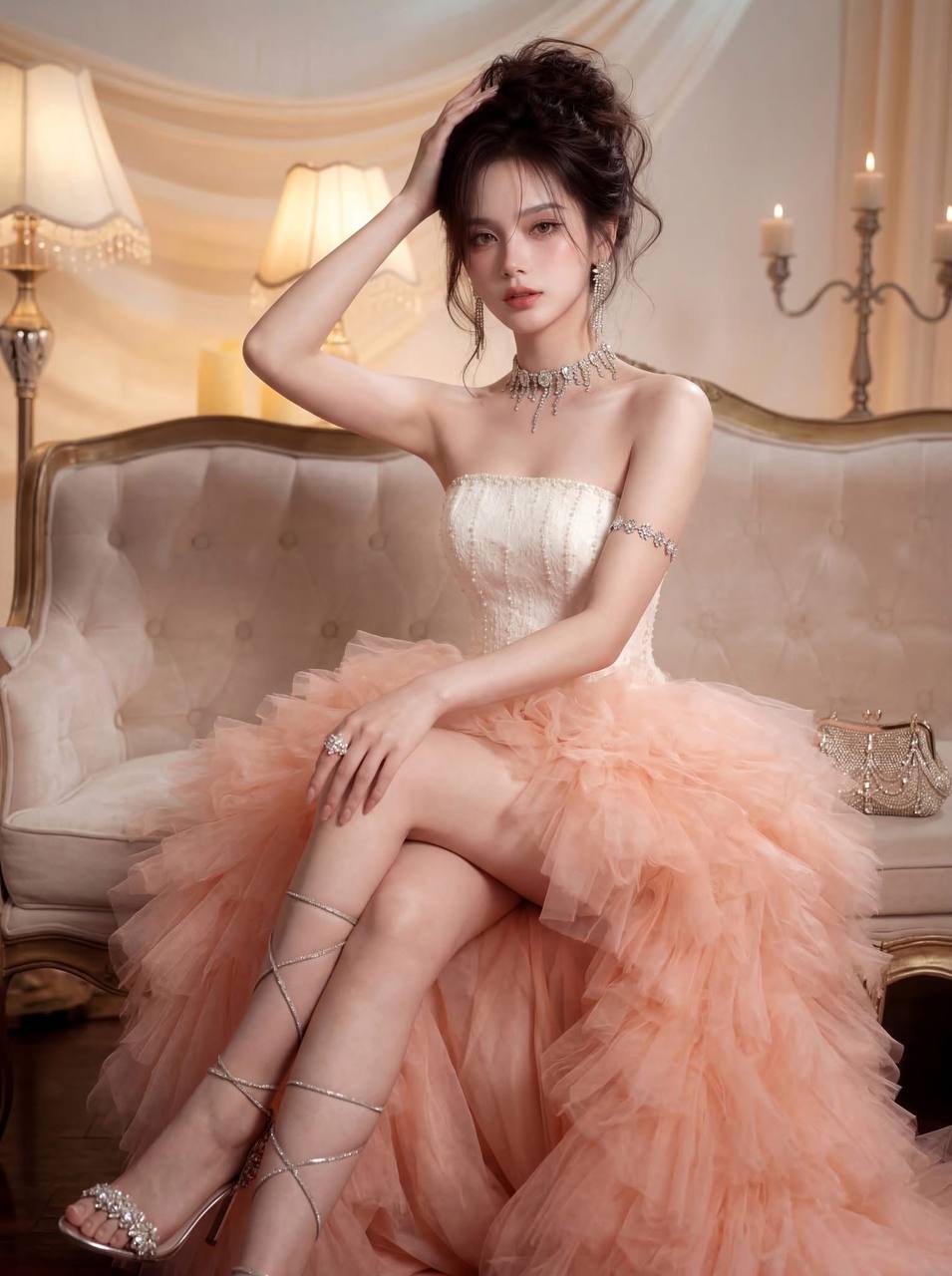 Seated on sofa — hand in hair, ivory gown detail