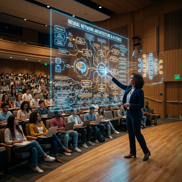 Modern university lecture hall with a professor interacting with a glowing AI-generated holographic whiteboard