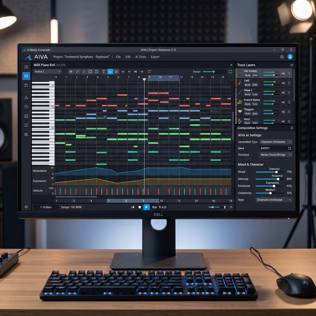 The AIVA music composer web interface revealing a detailed MIDI piano roll editor and orchestral instrument track layers