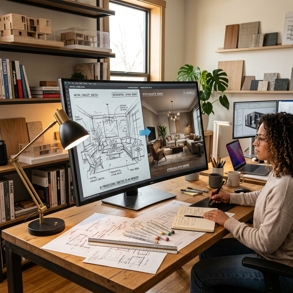 A massive, sleek drafting workspace where an architect's monitor shows an AI dynamically transforming a raw pencil floorplan sketch into a hyper-realistic 3D rendering.