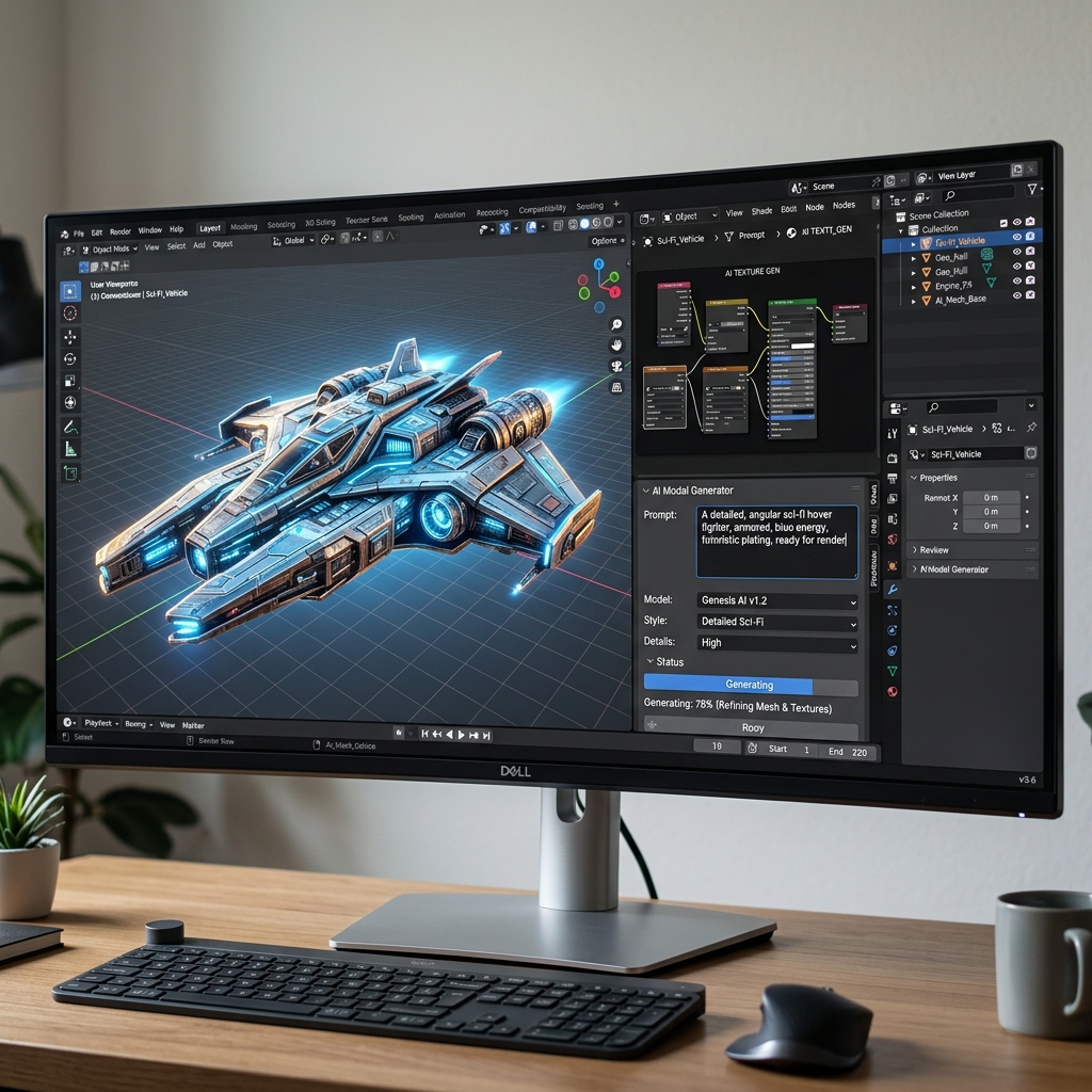 The Blender 3D interface showing a sci-fi vehicle model being actively modified by an AI Texture Generator plugin docked in the corner panel.