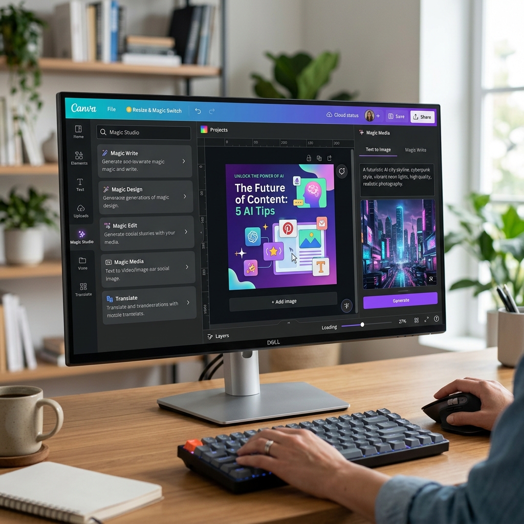 A user at a monitor using a computer mouse to tweak AI tools within Canva's Magic Studio interface