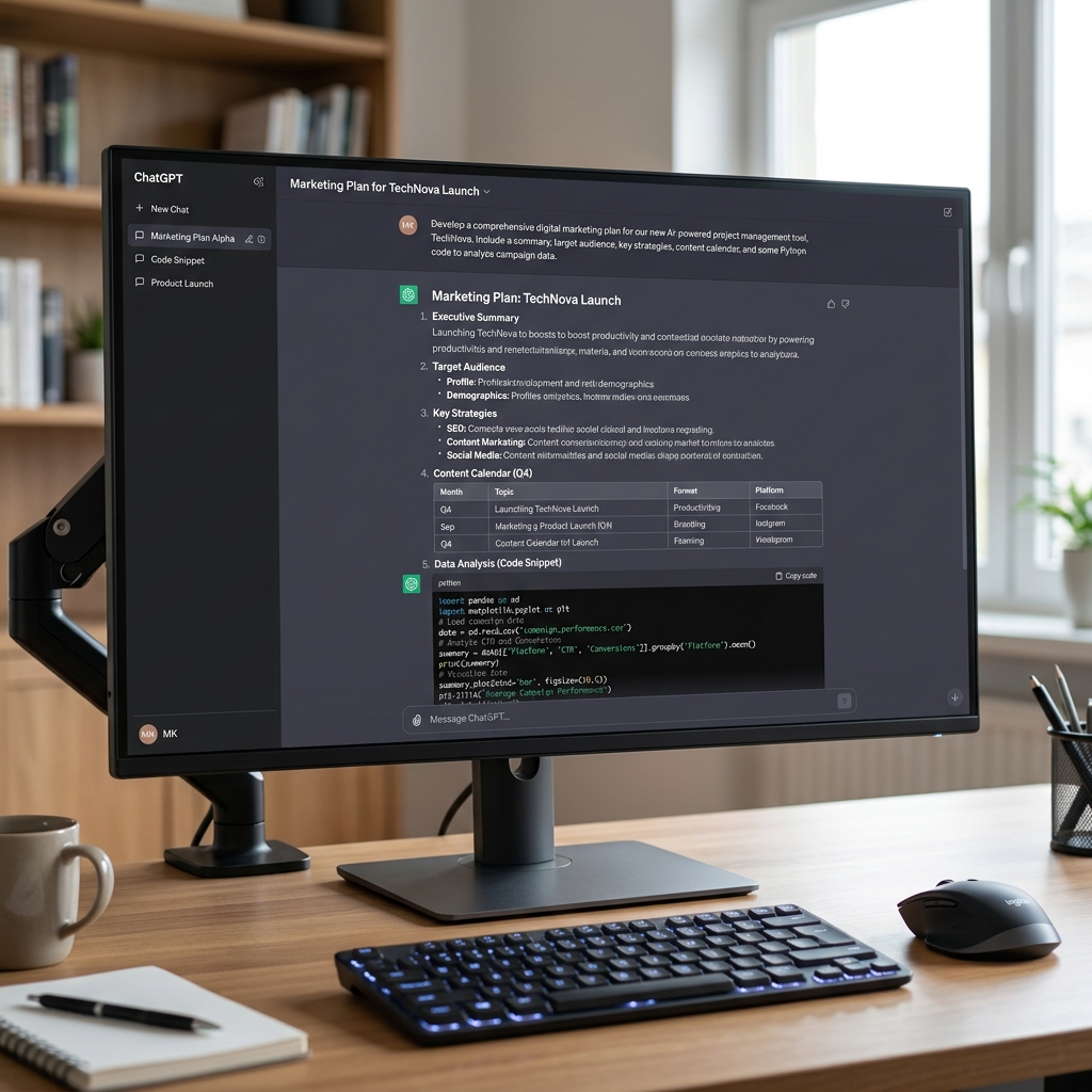 The ChatGPT user interface generating a complex marketing plan and computing data via code snippets on a computer screen
