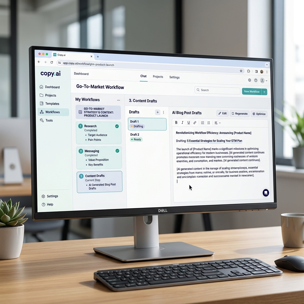 A user setting up an automated Go-to-Market workflow process inside the Copy.ai application dashboard
