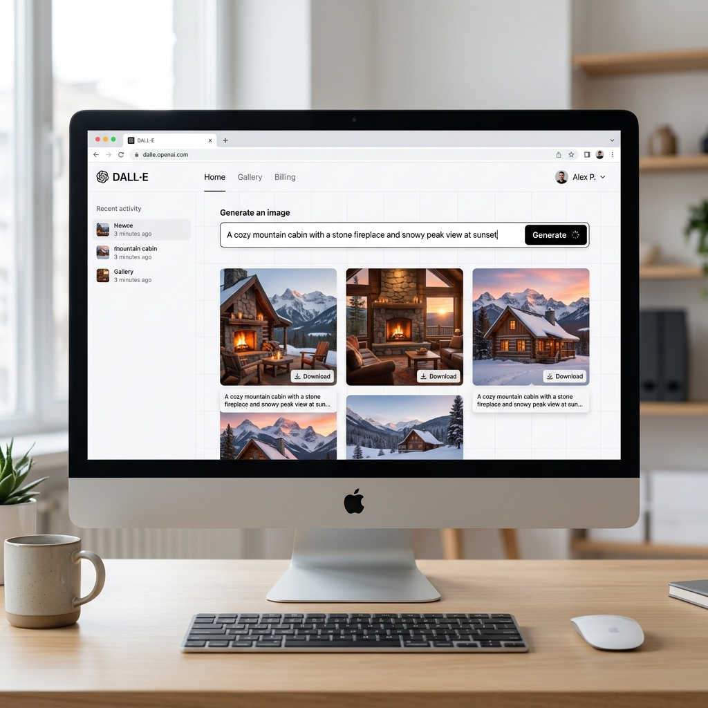 OpenAI's DALL-E user interface with a prompt input bar and AI-generated images