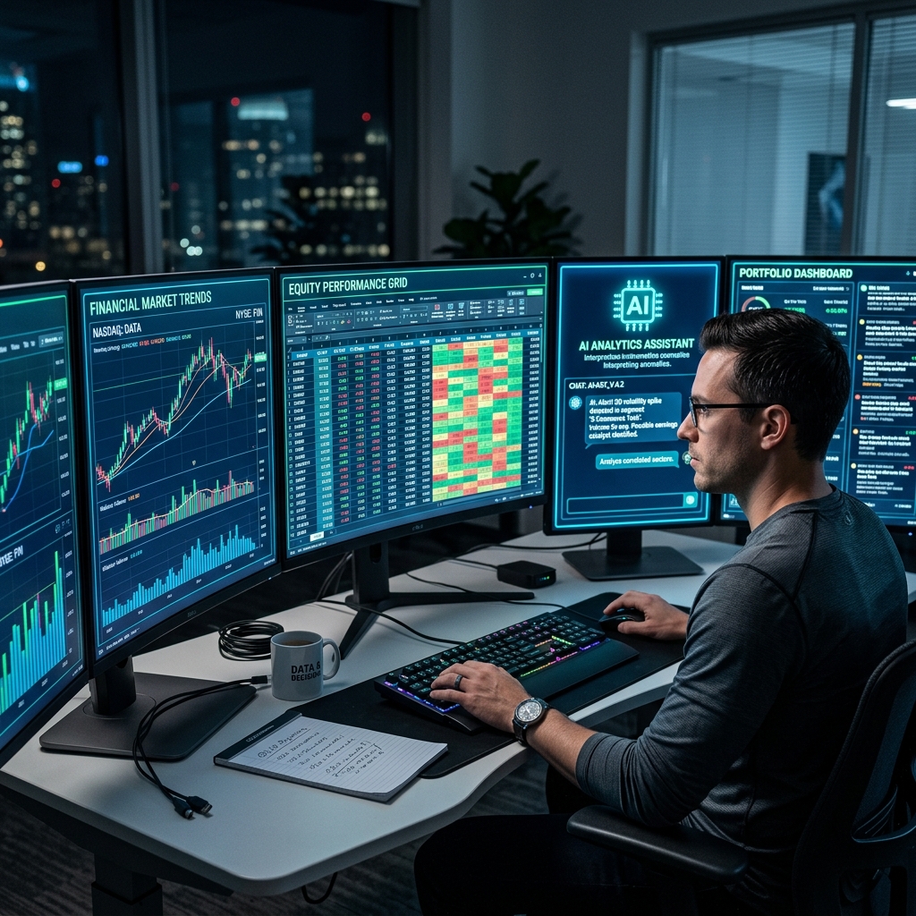 A sophisticated professional workspace of a Data Analyst featuring interconnected monitors displaying financial analytics grids alongside an AI chat interpretation tool.