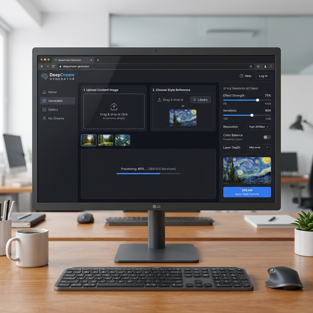 The DeepDream Generator website interface showing image upload and Style Transfer customization options for creating art