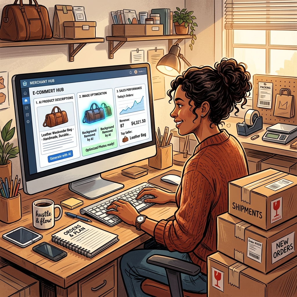 A highly dynamic E-commerce workspace showing a seller's monitor automating product backgrounds and orchestrating an overarching sales tracking dashboard.