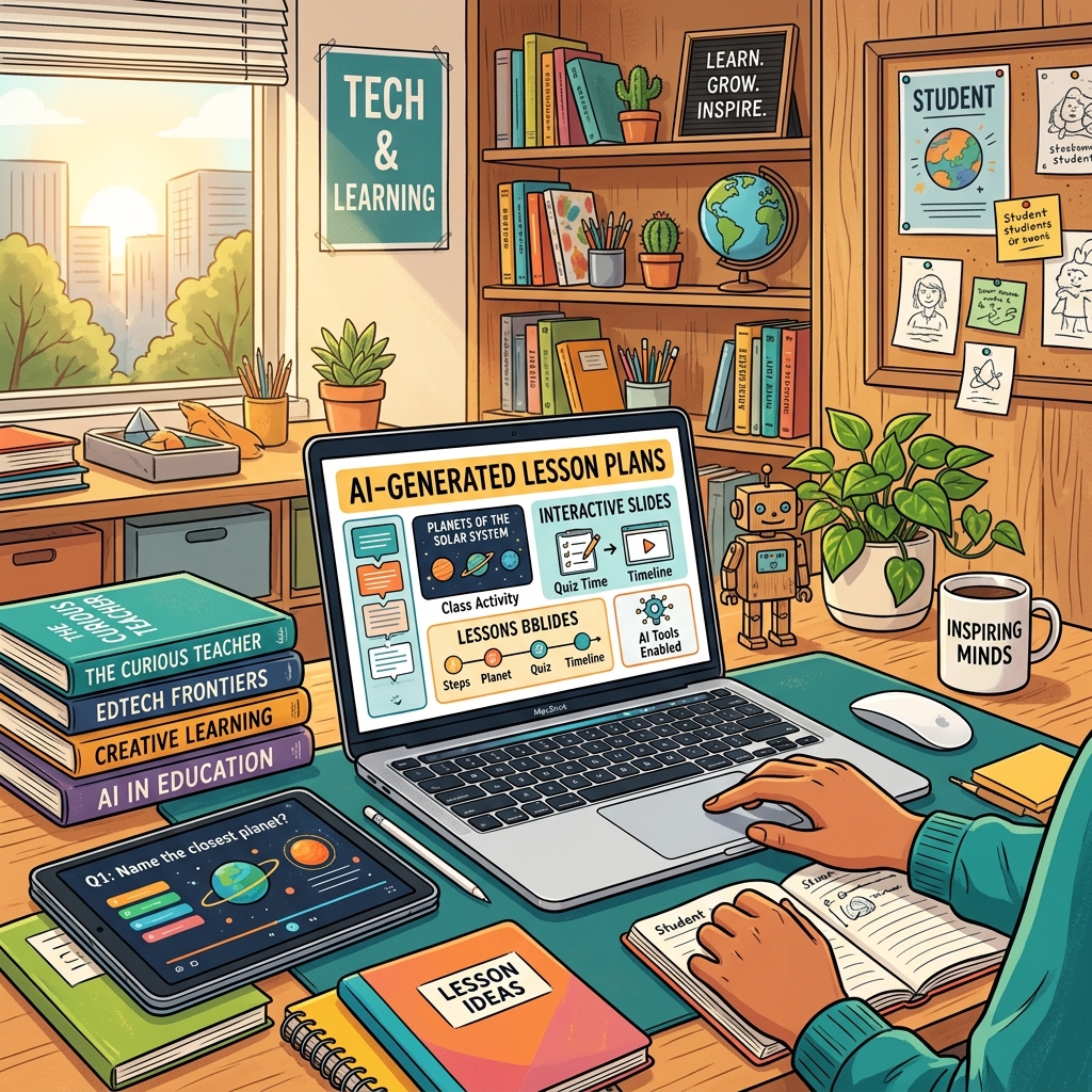 A bright, inspiring workspace of an educator with a laptop displaying AI-generated pedagogical lesson plans mixed with interactive multimedia slides.