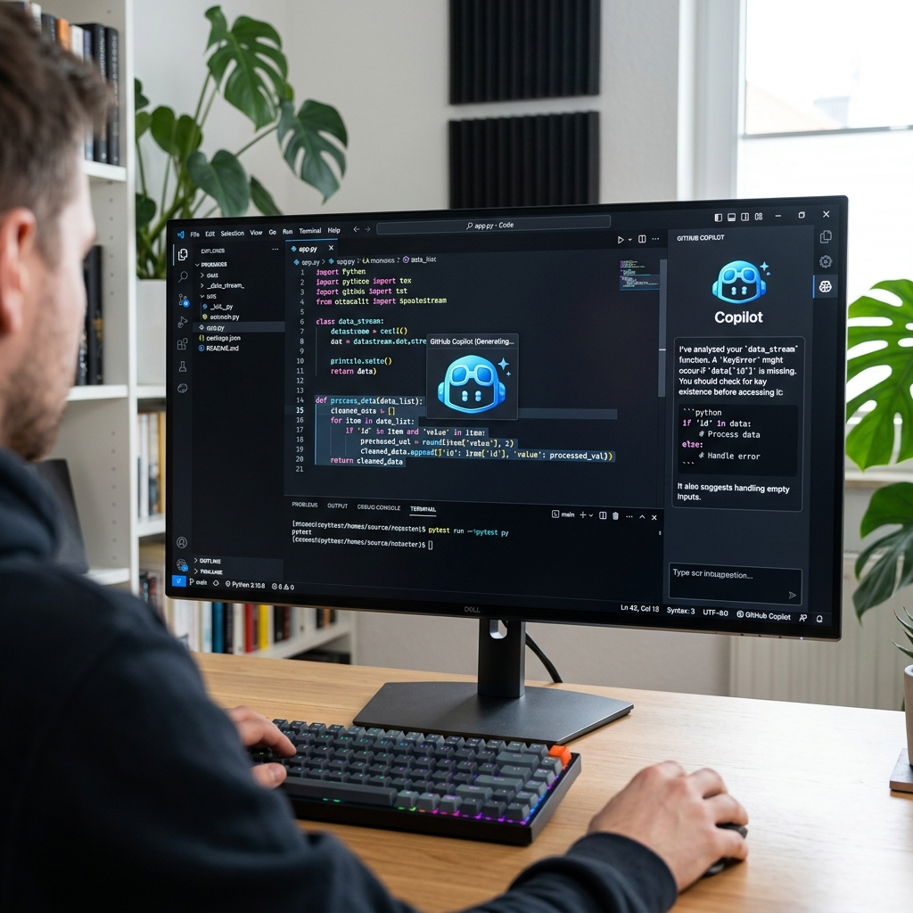 A developer working on an ultrawide monitor in a dark-themed VS Code environment, where GitHub Copilot is instantly generating a robust Python function block.