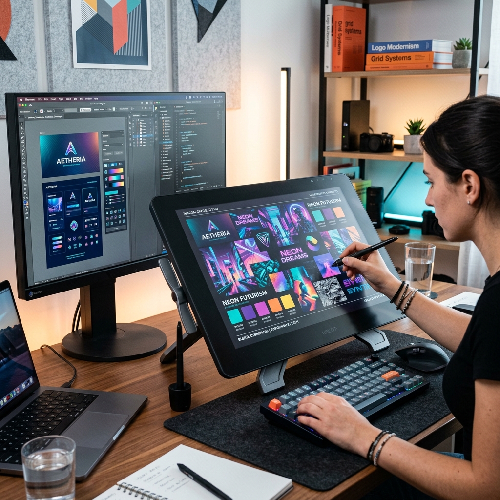 A professional Graphic Designer's desk featuring a massive digital pentablet displaying an AI-generated moodboard blending neon and futuristic concepts.