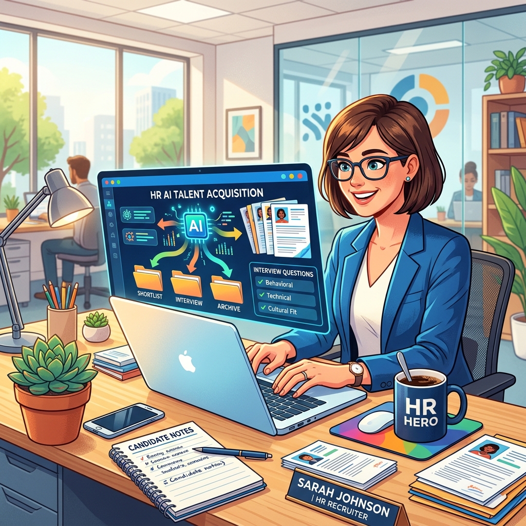 A vibrant HR Recruiter's desk featuring a laptop interface visually sorting through a massive stack of candidate resumes using AI parameters.