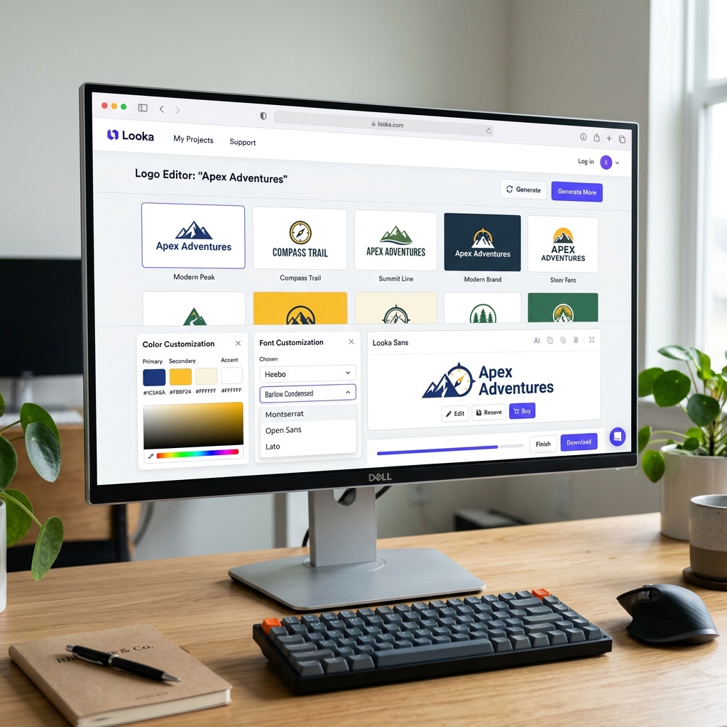 The Looka website interface displaying multiple logo variations for a brand with color and font customizers open