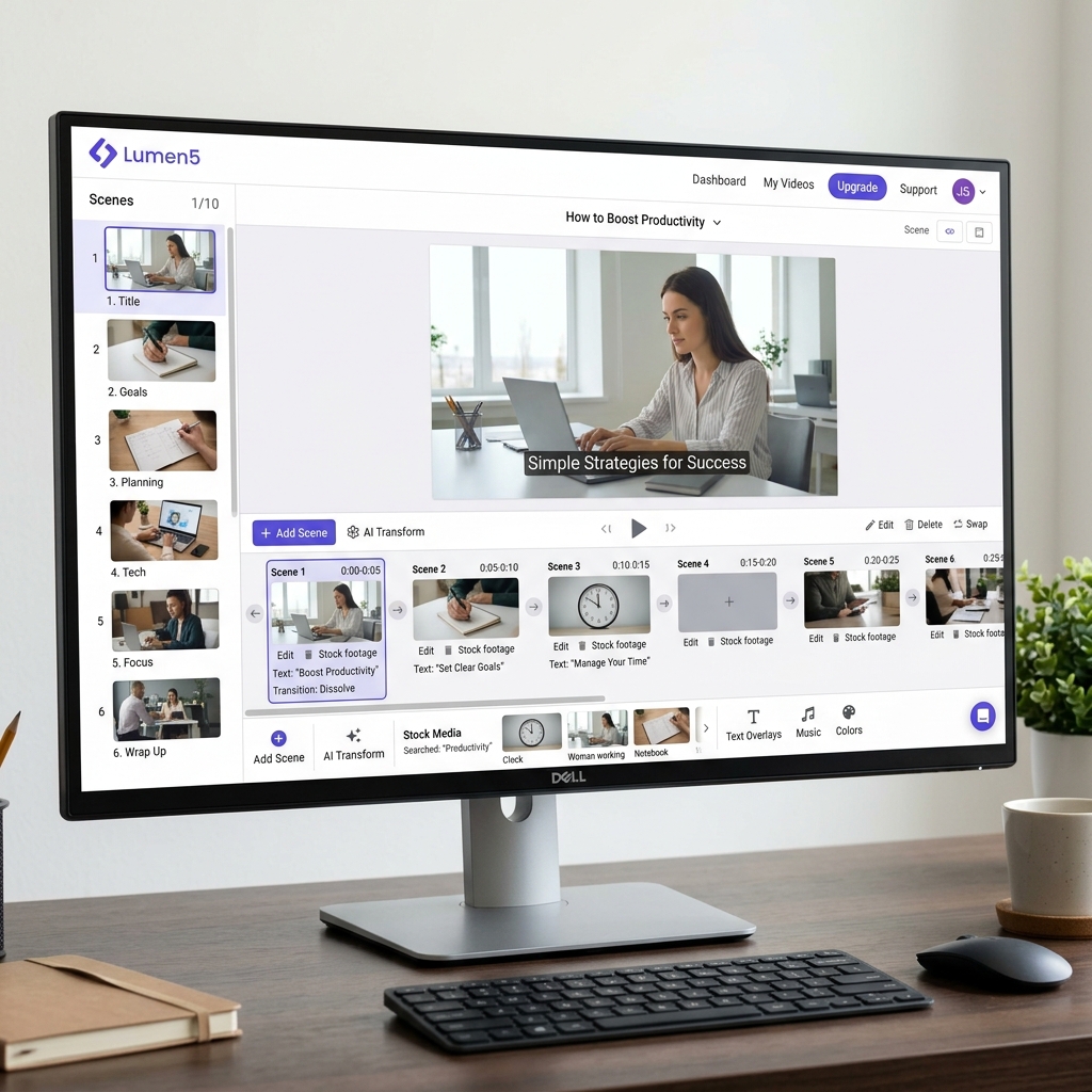 The Lumen5 designer interface showing a timeline of storyboard scenes with text overlays being applied to HD stock footage