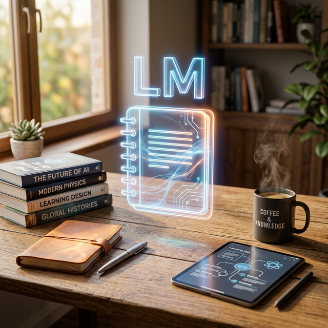 A glowing NotebookLM logo hovering over a modern pedagogical workspace setup