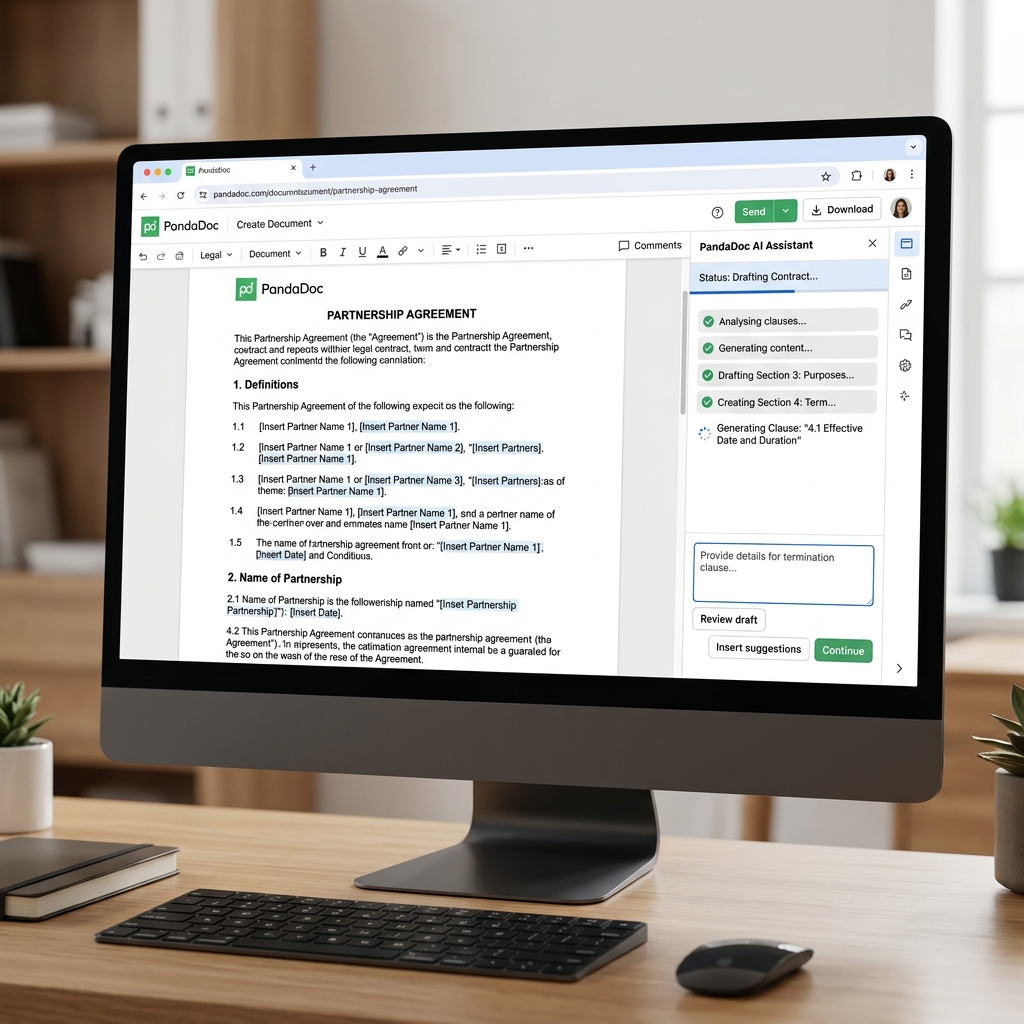 A desktop monitor displaying the PandaDoc interface analyzing a B2B Partnership Agreement, with the AI Side Panel dynamically altering legal clauses.