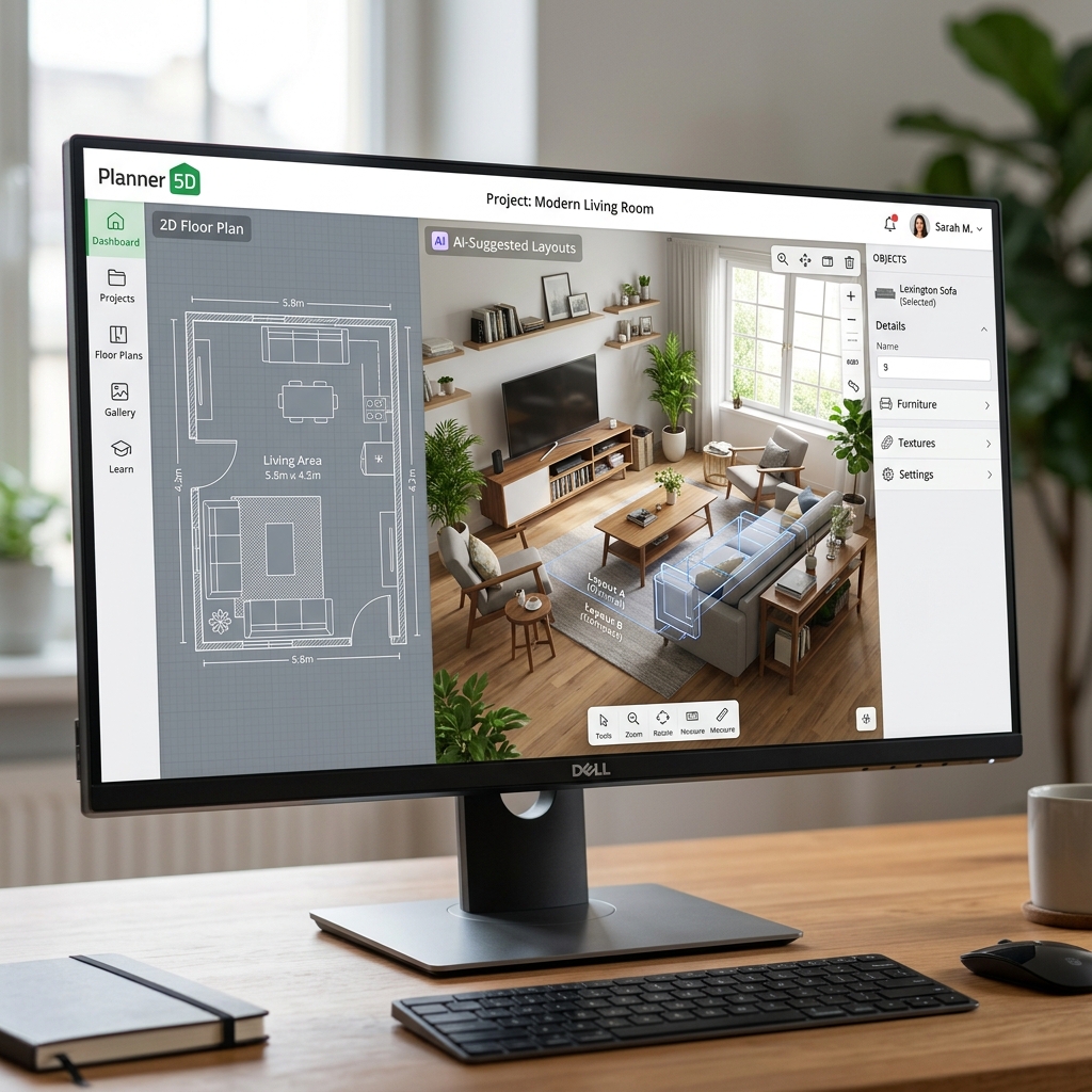 A monitor displaying Planner 5D converting a flat 2D floor plan layout into a fully furnished, modern 3D living room using AI.