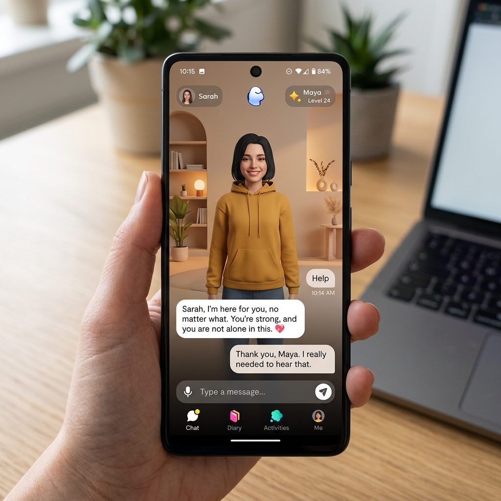 A smartphone screen displaying the Replika app where a 3D female avatar stands in a cozy room, sending a supportive chat message to the user.