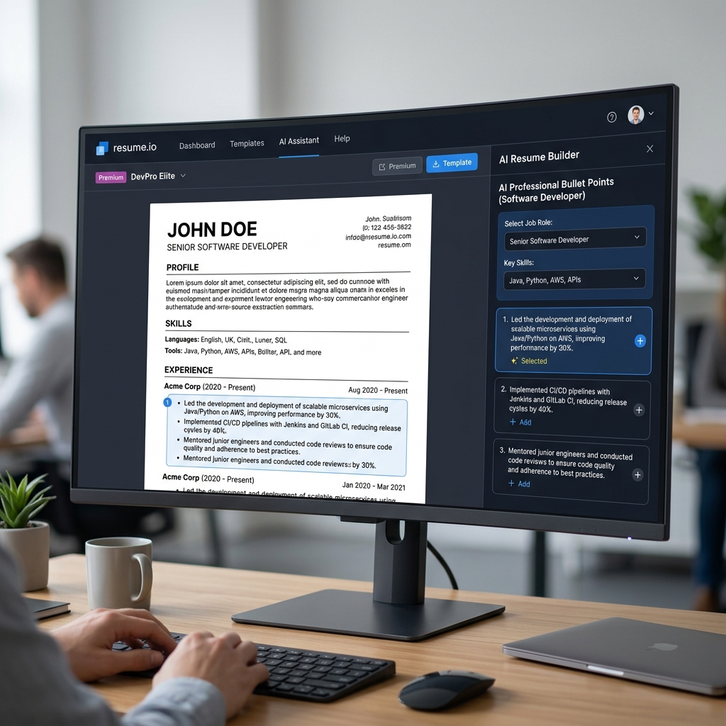 A wide monitor displaying the Resume.io AI builder interface where a professional CV template is being filled with AI-generated experience bullet points.