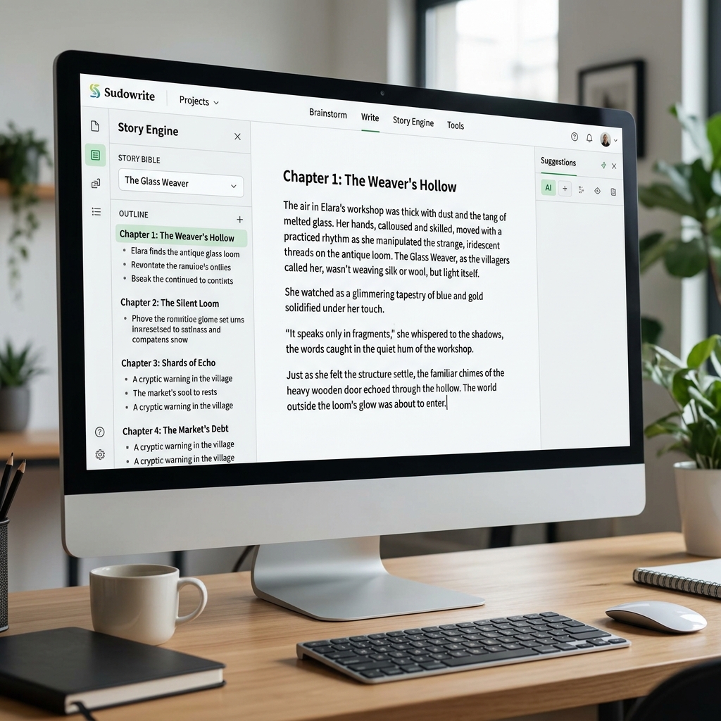 The Sudowrite interface on a computer screen displaying a chapter outline and the AI generating highly descriptive fictional prose.