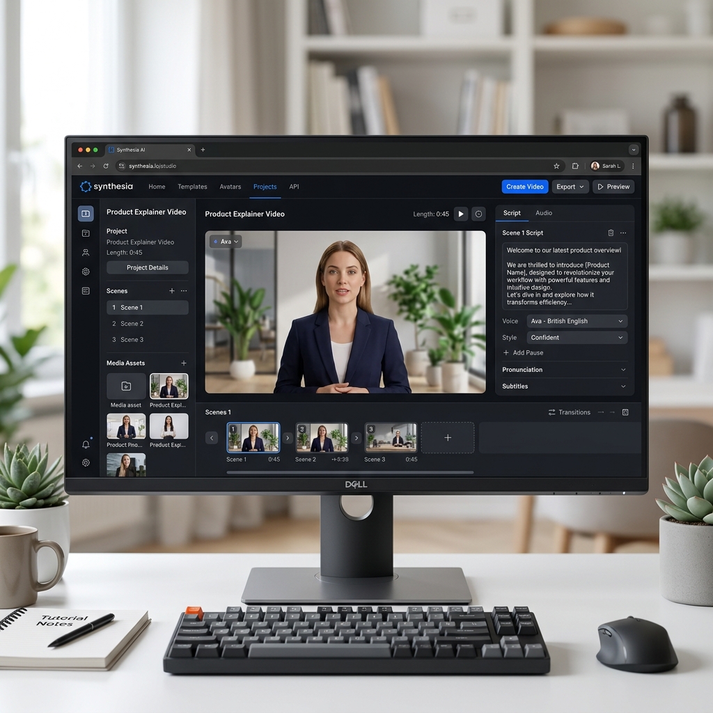 The Synthesia video editor interface displaying a photorealistic female AI avatar and a text-to-speech script panel on the right.