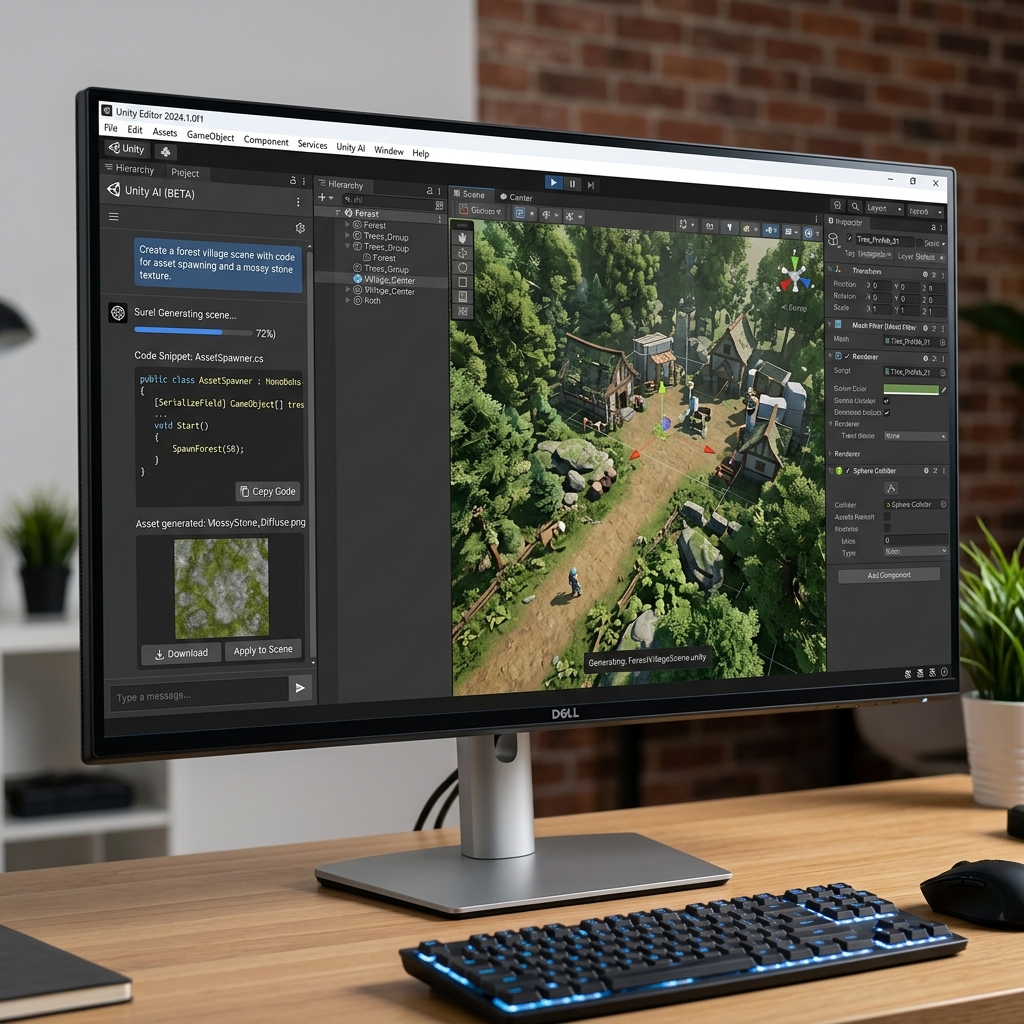 The Unity Editor interface with the Unity AI panel active on the left, generating a C# Spawner script alongside a vibrant 3D fantasy village scene.
